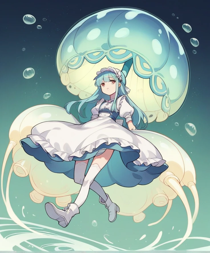 Woman with hair like a jellyfish, with a jellyfish on his head as a hat, very pale skin, clothing a light blue and white maid outfit that the dress is low-cut but at the same time a dress, that has white stockings with white lace, loose and short white boots. anime style