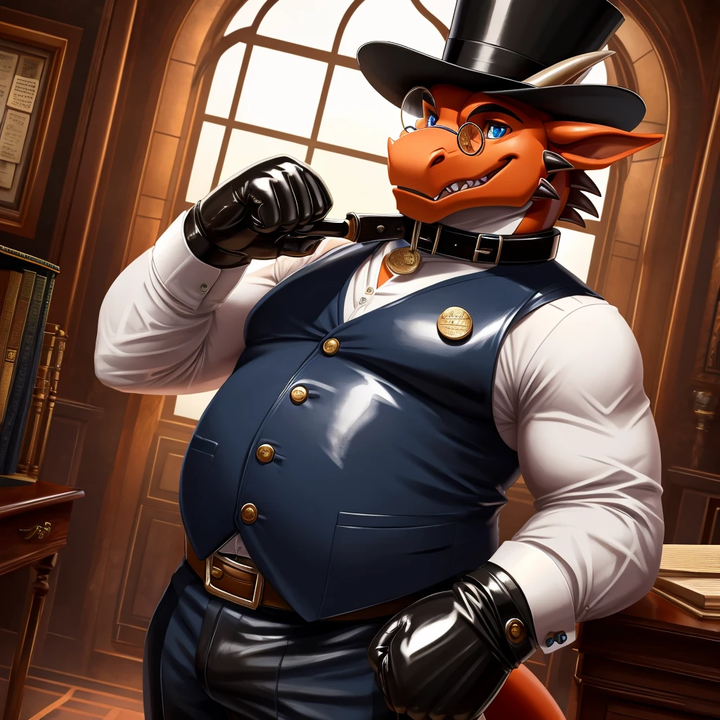 Solo, Male, fat, extremely obese, gentleman, dapper Professor Dragon, blue eyes, (posing:1.3), (soft shading), 4k, hi res, ((detailed face, detailed)), looking at viewer, mouth wide open, steampunk, dapper clothing, collared shirt with buttons, top hat, male focus, Explorer Outfit, glasses, monocle, vest with buttons, sleeves rolled up, round eyewear, brown headwear, brown vest, office, Dragon is wearing a glossy leather dog collar around the neck, Dragon is wearing the leather collar and shirt and vest at the same time, Dragon is wearing glossy white rubber gloves on the hands, wearing white rubber gloves on the feet, gloves are rubber in texture, clenching teeth, clenching fists, leather collar is glossy and shiny with a lot of detail, Dragon is wearing gloves and leather collar at the same time, leather collar has a round dog-tag, leather collar is thick and detailed, leather collar is glossy and shiny, fancy clothing, dapper vest, dapper shirt, leather collar is thick, glossy leather collar.