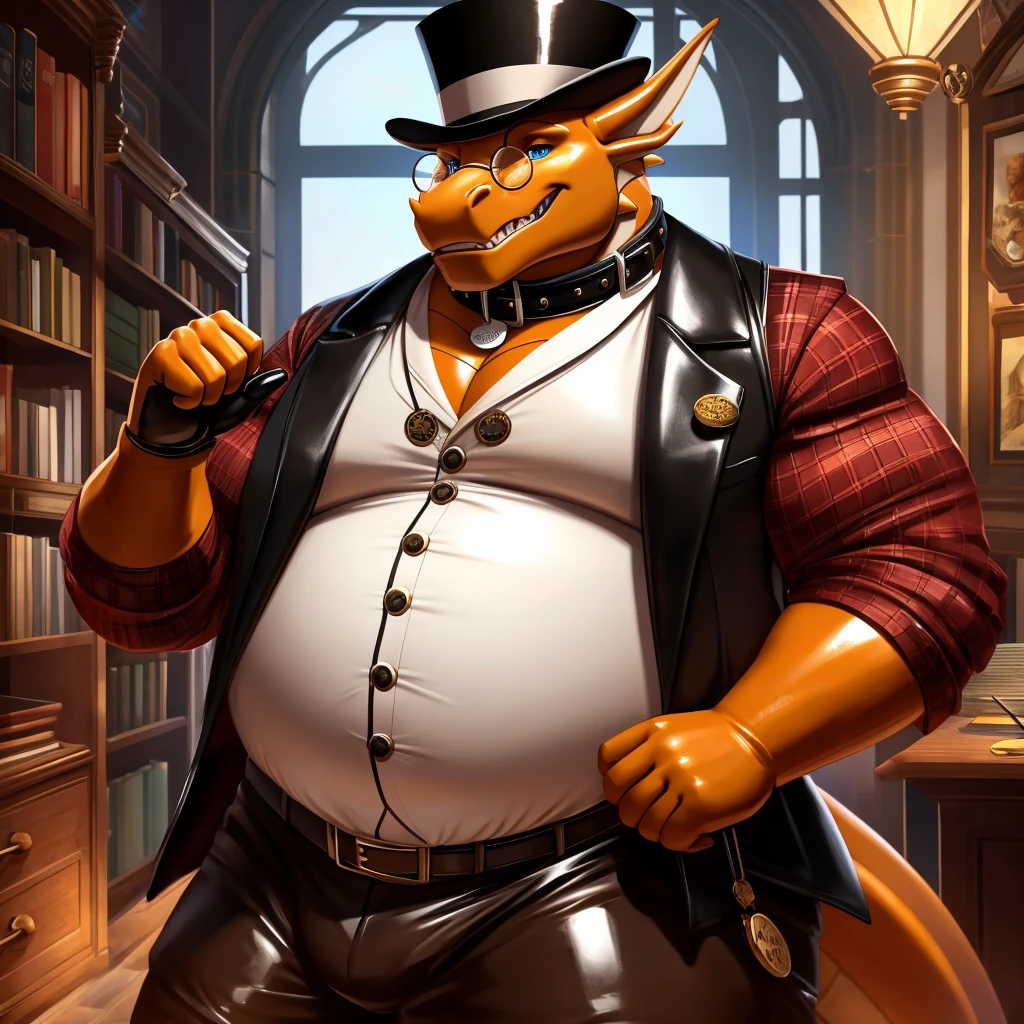 Solo, Male, fat, extremely obese, gentleman, dapper Professor Dragon, blue eyes, (posing:1.3), (soft shading), 4k, hi res, ((detailed face, detailed)), looking at viewer, mouth wide open, steampunk, dapper clothing, collared shirt with ons, top hat, male focus, Explorer Outfit, glasses, monocle, vest with butt sleeves rolled up, round eyewear, brown headwear, brown vest, office, Dragon is wearing a glossy leather dog collar around the neck, Dragon is wearing the leather collar and shirt and vest at the same time, Dragon is wearing glossy white rubber gloves on the hands, wearing white rubber gloves on the feet, gloves are rubber in texture, clenching teeth, clenching fists, leather collar is glossy and shiny with a lot of detail, Dragon is wearing gloves and leather collar at the same time, leather collar has a round dog-tag, leather collar is thick and detailed, leather collar is glossy and shiny, fancy clothing, dapper vest, dapper shirt, leather collar is thick, glossy leather collar.