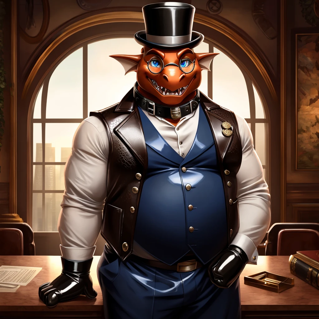 Solo, Male, fat, extremely obese, gentleman, dapper Professor Dragon, blue eyes, (posing:1.3), (soft shading), 4k, hi res, ((detailed face, detailed)), looking at viewer, mouth wide open, steampunk, dapper clothing, collared shirt with buttons, top hat, male focus, Explorer Outfit, glasses, monocle, vest with buttons, sleeves rolled up, round eyewear, brown headwear, brown vest, office, Dragon is wearing a glossy leather dog collar around the neck, Dragon is wearing the leather collar and shirt and vest at the same time, Dragon is wearing glossy white rubber gloves on the hands, wearing white rubber gloves on the feet, gloves are rubber in texture, clenching teeth, clenching fists, leather collar is glossy and shiny with a lot of detail, Dragon is wearing gloves and leather collar at the same time, leather collar has a round dog-tag, leather collar is thick and detailed, leather collar is glossy and shiny, fancy clothing, dapper vest, dapper shirt, leather collar is thick, glossy leather collar.