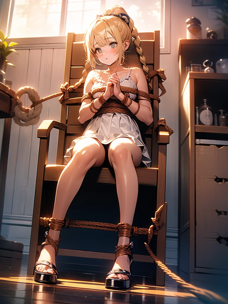 In 8K、Highest quality、masterpiece、Ultra-detailed、Ultra-high resolution、((1 person))、ponytail、Yellow Hair、Braided hair、compensate、Home、Sitting on the floor、naked足 , Legs open。Looking at the camera , Perfect hands, Complete Anatomy), nude , naked , M-shaped feet, Woman opening her legs , Spread your legs , Show your hand , Tied to a chair in the basement, Constraints, BDSM, Constraintsされた足, Constraintsされた腕, bound, bound to chair, rope, tied with ropes, Beautiful body, Beautiful Face, tied to chair with ropes, Constraintsされた身体, Unable to move, bondage ropes, Tied up, 機械Constraints, fully Constraintsされた身体, ropes everywhere, 厳密にTied up, hardcore bondage ropes, 機械Constraints,