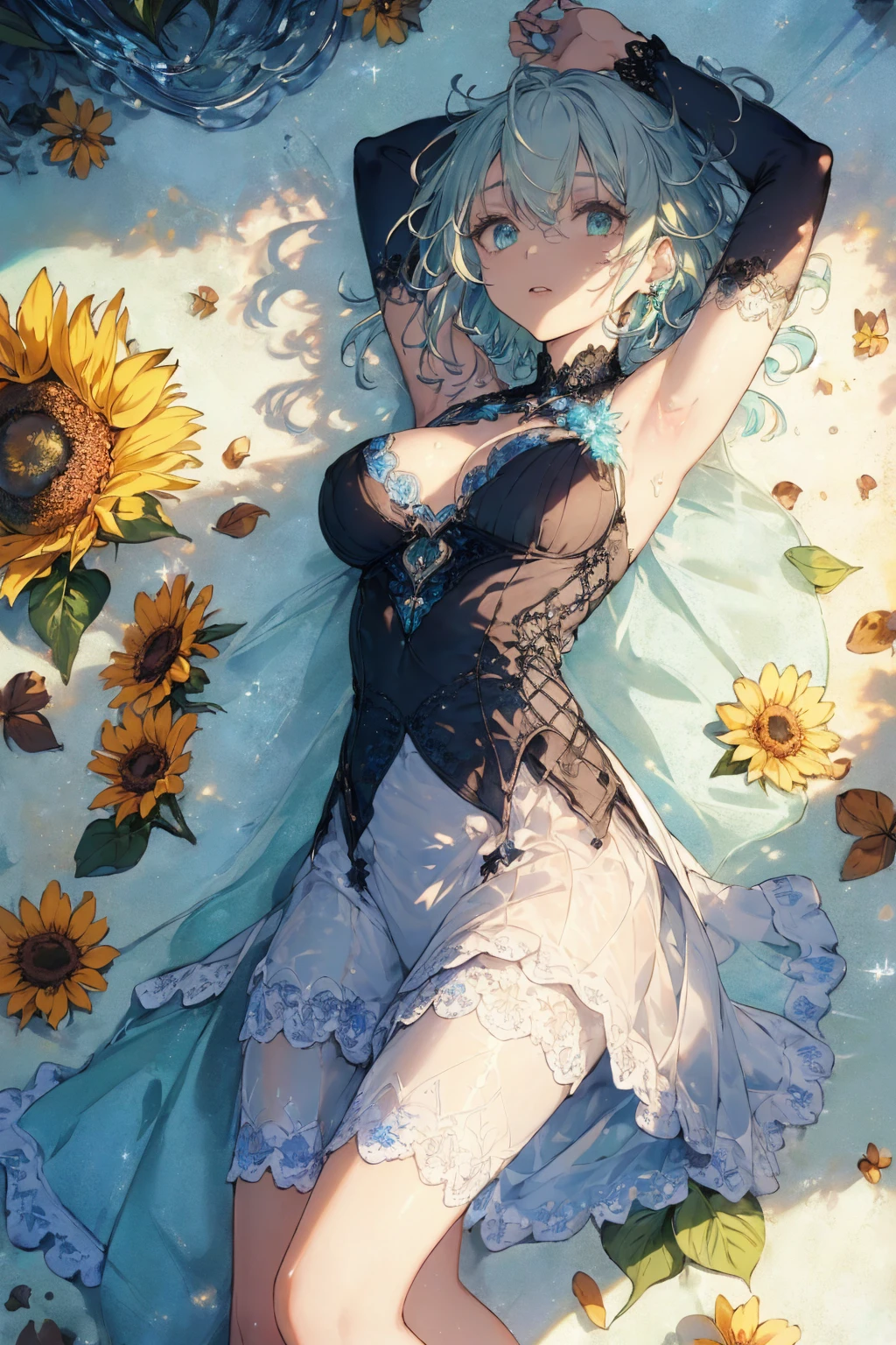 (summer clothing photo:1.1, in blue waterfront:1.5), Masterpiece, best quality, (very detailed CG unity 8k wallpaper), (best quality), High definition RAW color art, Animation,sculptures, (black Marble Skin), (((Ultra detailed elegant))), Magical atmosphere, Detailed skin, Texture,(Intricately detailed, Fine detail, ultra-detail art), depth of fields, bokeh, Silky Touch, Hyper Detail, beautiful eyes, elegant face, (lying on light green glass floor), sparkle background, enormous breast:1.3, (silver hair), pastel purple, embarrassing face, short hair, sunflower, maid, armpit
