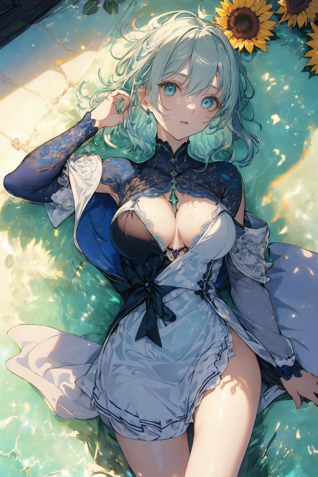 (summer clothing photo:1.1, in blue waterfront:1.5), Masterpiece, best quality, (very detailed CG unity 8k wallpaper), (best quality), High definition RAW color art, Animation,sculptures, (black Marble Skin), (((Ultra detailed elegant))), Magical atmosphere, Detailed skin, Texture,(Intricately detailed, Fine detail, ultra-detail art), depth of fields, bokeh, Silky Touch, Hyper Detail, beautiful eyes, elegant face, (lying on light green glass floor), sparkle background, enormous breast:1.3, (silver hair), pastel purple, embarrassing face, short hair, sunflower, maid, armpit, Wet