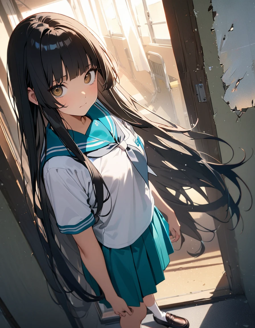 (8k, best quality, master piece: 1.2),super high resolution,1 girl,独奏,15yo,ultra-detailed face,detailed eyes,brown eyes,very long hair,glossy black hair,Hime cut,straight hair,(hair spread out),sailor suit,aqua collar, white shirts, short sleeve, school,aqua skirt,black scarf,White knee-high socks,Tea loafers,Are standing,rim light,Broken Window,School corridor