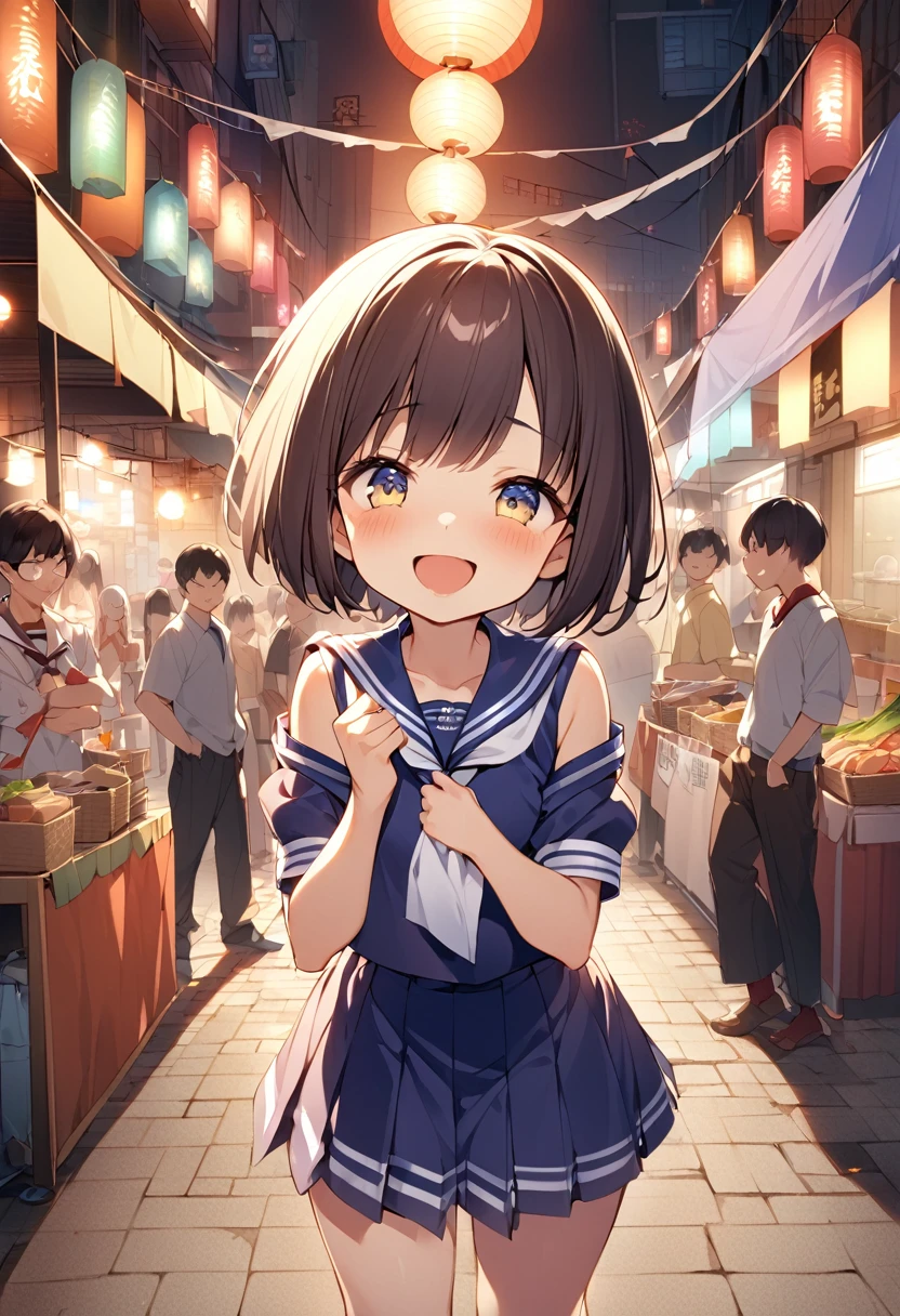 (((whole body)))、(((Brown, shoulder-length, straight short bob)))、(((Posing with the alleys of a Taiwanese night market in the background)))、(((Sailor uniform open)))、(Natural laughter:1.25)、Japanese、12-year-old girl、Seduce、、Independent、I&#39;m looking forward to、Budding breasts、Growing pubic hair、Brown Hair Color、Flat 、Hair blowing in the wind、Quality of actress、Shiny, Ultra-realistic faces、smile、Watery eye、Look forward and look at the camera、Subtle lighting effects、 Ultra-Realistic Capture、Very detailed、High resolution 16K human skin closeup。Skin texture must be natural、The detail must be such that the pores are clearly visible.、skin is healthy、Even Tone、Use natural light and colour、Worn out, High quality photos taken by modeling agencies&#39;In-house photographer.、smile、(((Sigma 300mm F/1.4,1/1000 sec shutter,ISO400)))、The background is F value 1...4 is blurry

