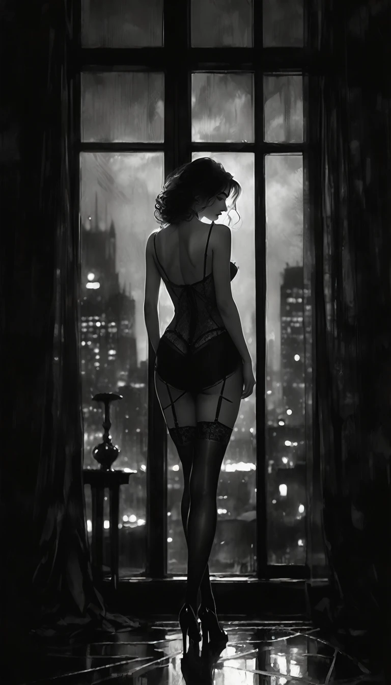 sexy girl, next to a large window overlooking a big city, night, sadness, melancholy, sexy, lingerie, stockings, elegant and provocative, lascivious, eroticism, sexy, black and white image, between shadows, oil painting, chiaroscuro, sensual, dramatic lighting, moody atmosphere, photorealistic, intricate details, masterpiece, ultra-detailed, high quality, 8k, best quality, realistic, cinematic, dark and brooding, expressionistic, powerful composition, emotional impact, Bill Sienkiewicz inspired art

