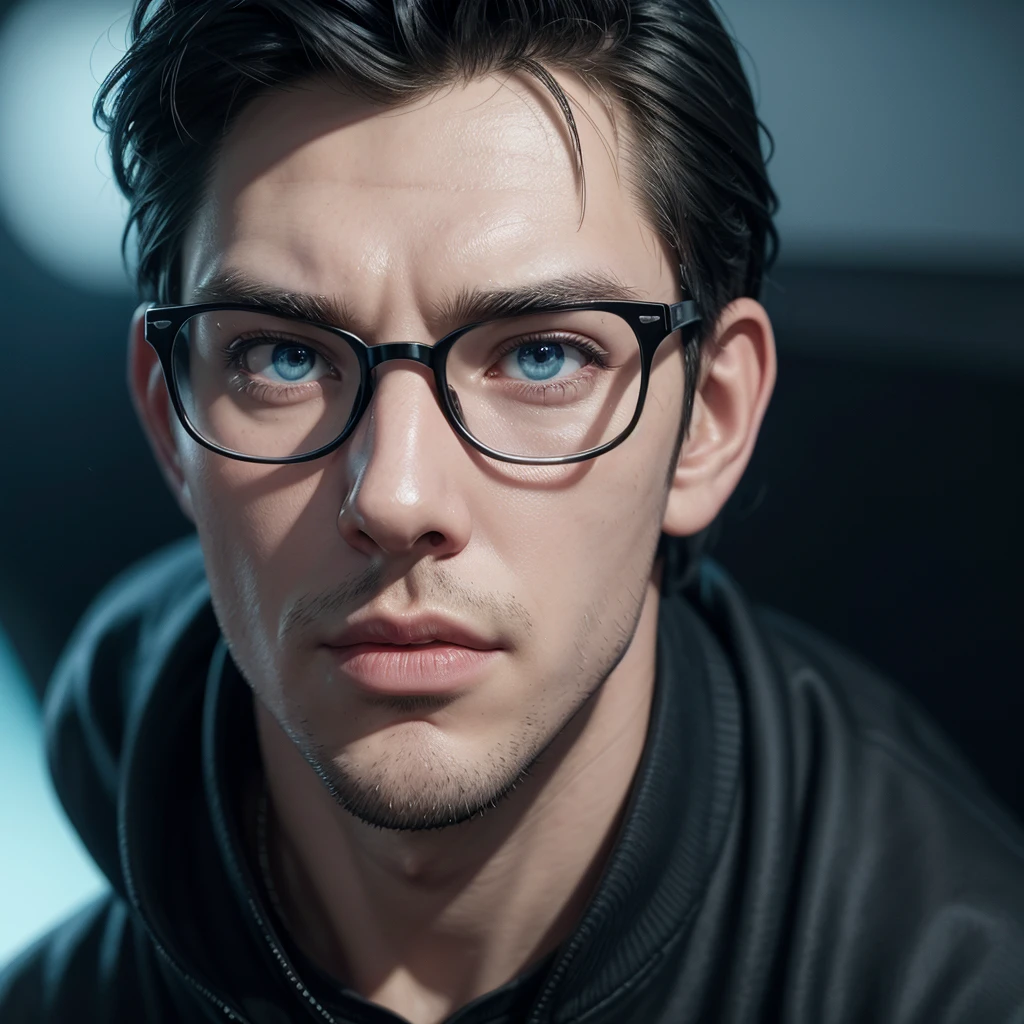 Cartoon character of a man in black glasses and blue shirt, an animated character, stylized character, animation style rendering, 3d stylized, Arnold Maya rendering, Stylized 3D rendering, toon render screenshot, 3d character, 3d character, Stylized 3D rendering, 3D character rendering, cartoon character, Personagem de close up, character posing, (Pixar-style) (master part:1.2) (bokeh) (best qualityer) (skin detailed) (detailed texture) (8k) (Argilla) (cinematic lighting) (sharp focus,Sit down and lift your upper body