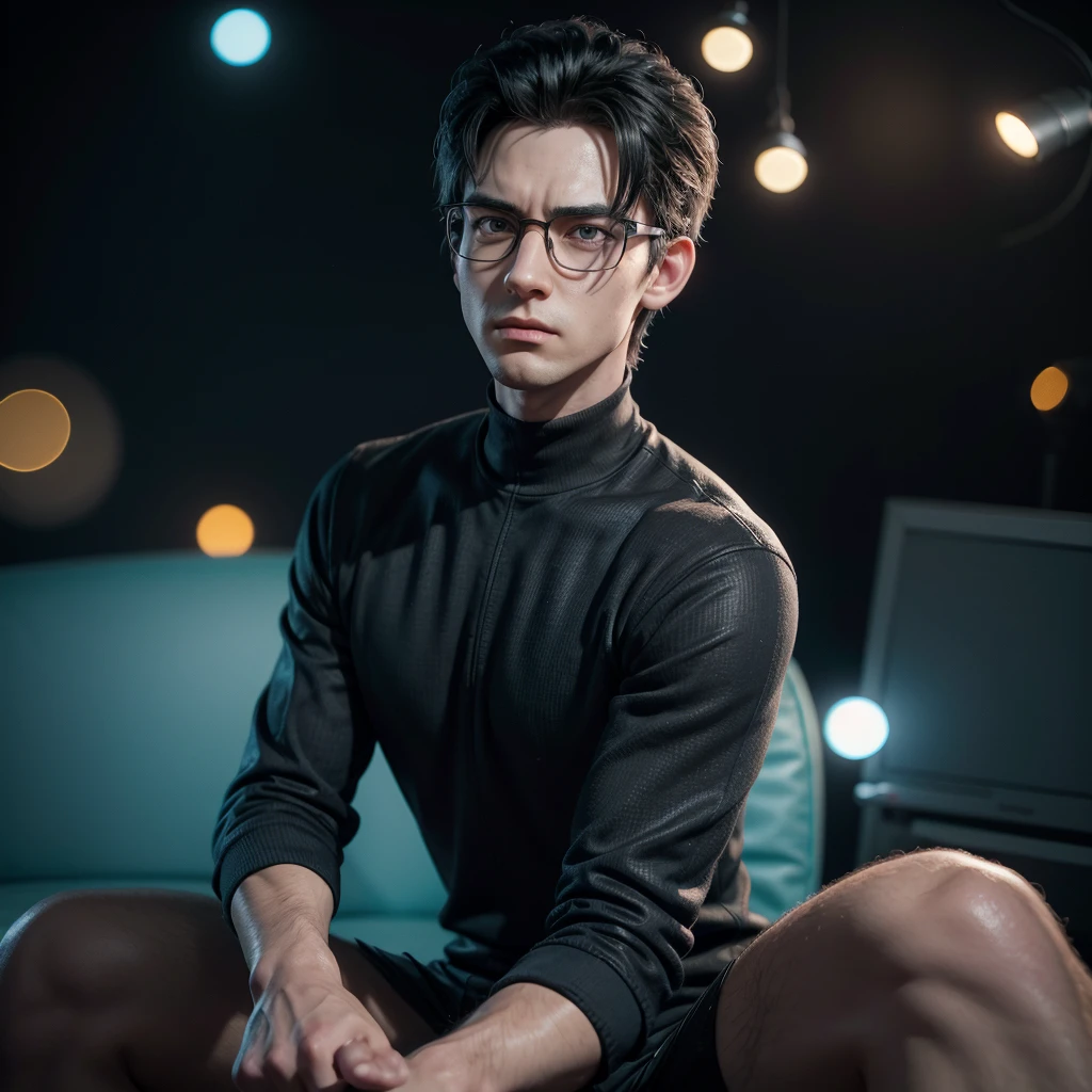 Cartoon character of a man in black glasses and blue shirt, an animated character, stylized character, animation style rendering, 3d stylized, Arnold Maya rendering, Stylized 3D rendering, toon render screenshot, 3d character, 3d character, Stylized 3D rendering, 3D character rendering, cartoon character, Personagem de close up, character posing, (Pixar-style) (master part:1.2) (bokeh) (best qualityer) (skin detailed) (detailed texture) (8k) (Argilla) (cinematic lighting) (sharp focus,Sit down and lift your upper body