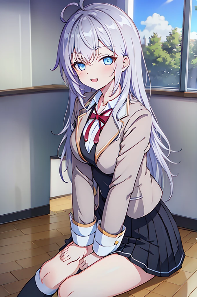 masterpiece,  JK, uniform, Black pleated skirt with white stripes, girl,  Long white hair, Straight Hair, Ahoge, the body is slim, Baby Face,  Beautiful breasts, Round Breasts, 大きなtits, Long sleeve, Beautiful Eyes, White knee-high socks, Black Skirt, Bedroom, M-shaped legs, Spread your legs、Excited, Open Blazer, Red ribbon, Unbuttoned, titsを見せる, tits, Pussy