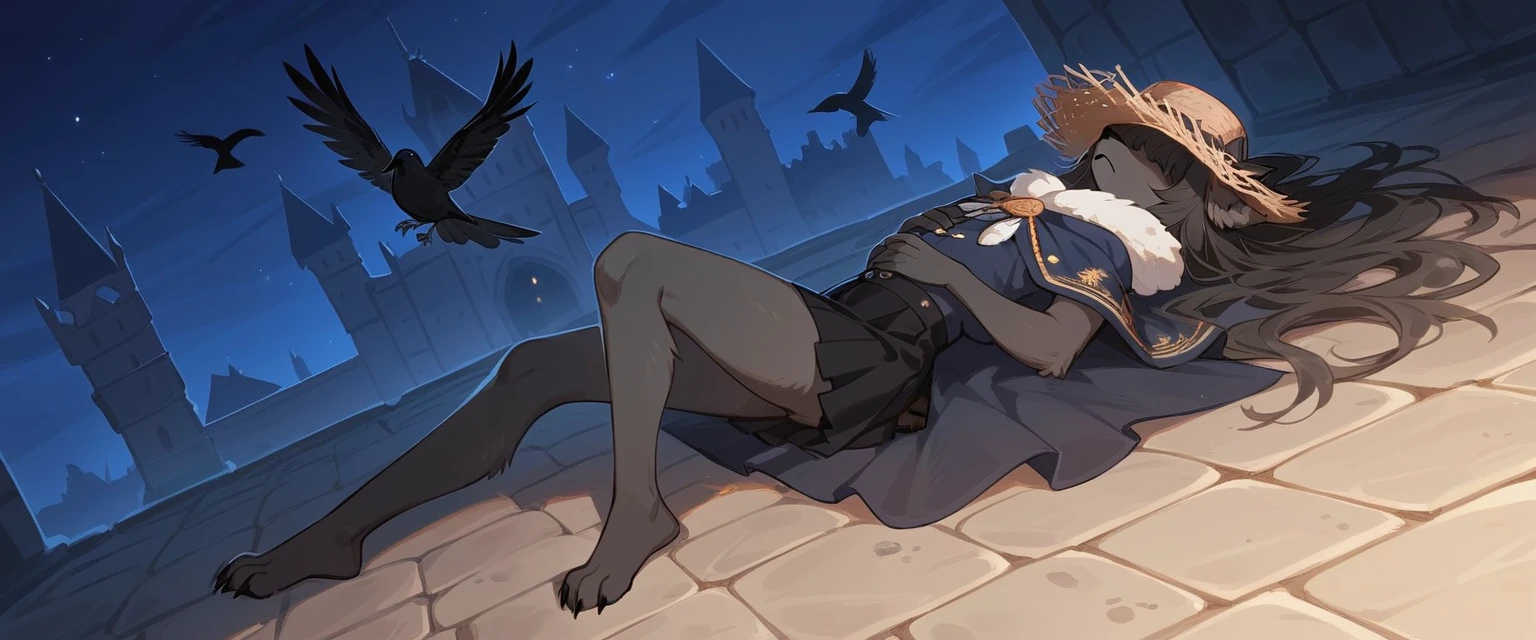 nsfw, femboy, crow, pitch black fur, big fluffy long hair, anthropomorphic crow, girly try body, furry bird legs, eyes covered, (fantasy cloak straw outfit), black short skirt, windy weather, navy cloak, nighttime, night, a broken castle in the background, Solo:1.5, solo focus, full body, sleeping on back, dynamic angle, w3ers,