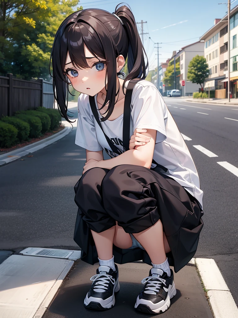 Small girl squatting on the road showing off her panties 