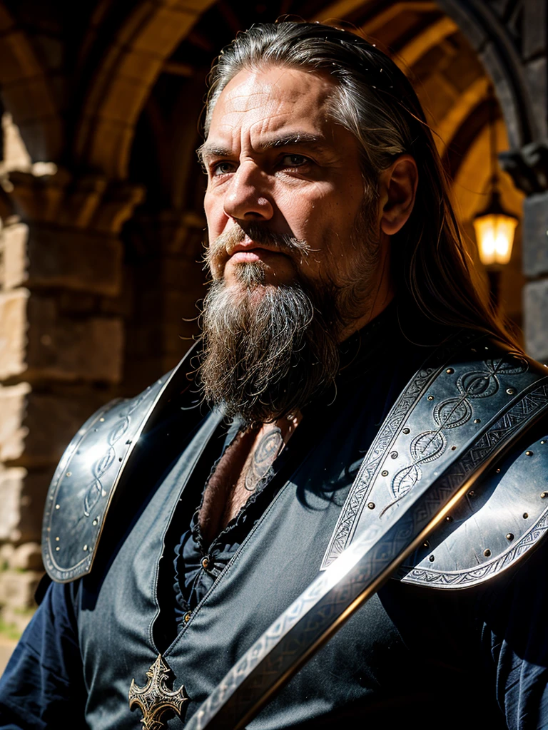 Medium shoot, Photo in the Gothic style, Ancient warrior, long gray beard, Ancient armor, warlike pose, looking at the viewer, Gothic lighting, depth of field, bokeh, (against the background of an old castle),