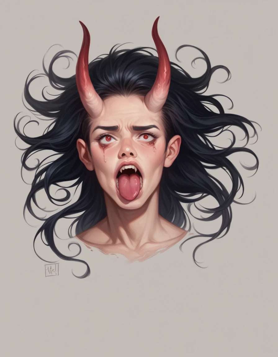 A red Korean woman with long black hair big and large devil horns laying inside of two giant thick Inside the filling tubes that have to be at least one foot in diameter, the mouth is wide open as she looks down into it while her face expression shows extreme pain from being in the style of Air Fitzgatieh's tongue, photorealistic, shot on canon dsir, full body shot hyperrealistic human figure