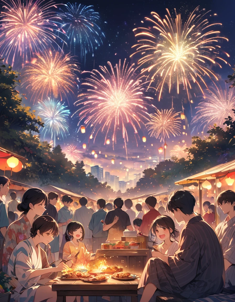 Japanese summer fireworks festival, spectacular night sky filled with vibrant exploding fireworks, colorful bursts of red, gold, green, and blue, shimmering reflections on river surface, crowded riverbank with spectators in yukata and jinbei, families on picnic blankets, food stalls with lanterns, yakisoba and takoyaki vendors, children with sparklers, couples sharing cotton candy, bridge in background, distant city skyline, clear starry sky between fireworks, animated excited expressions on people's faces, detailed anime style illustration, dynamic composition capturing both fireworks and crowd, warm summer evening atmosphere --niji 6