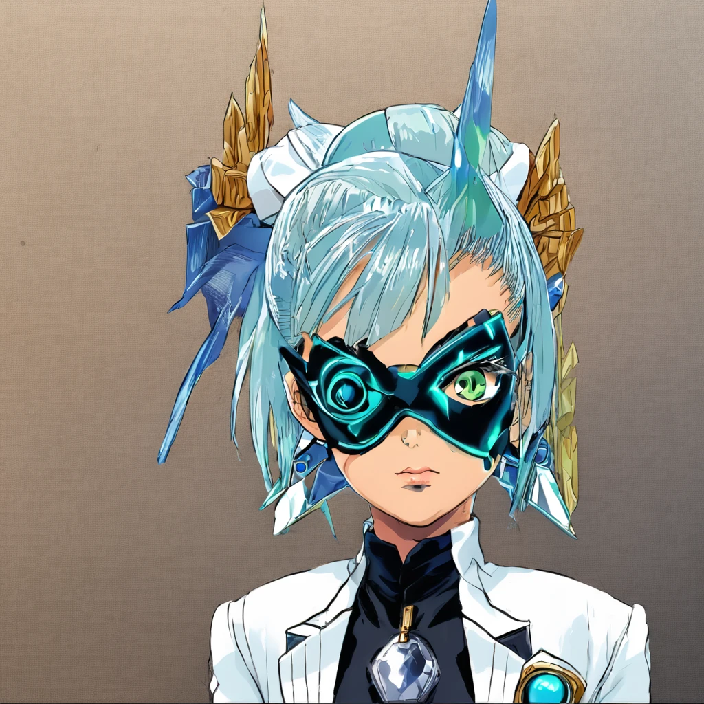 money \(Xenoblade\)masterpiece, Highest quality, ((1 person)),Blue Hair,Green Eyes,Serious expression, smile,Upper Body,Line art,Medium Hair,White blazer,Black T-shirt,Big Breasts,Bunhead,Black Mask, Expressionless eyes,((Kubo Obito Style)) Detailed face, Face Focus, Are standing, Black Hair,(hair ornaments:1.35),office lady, Sleeves edged with ribbon, Removable sleeves, Ribbon trim, Wide sleeves, (View your audience:1.5) Long Hair, iris, bangs, lips