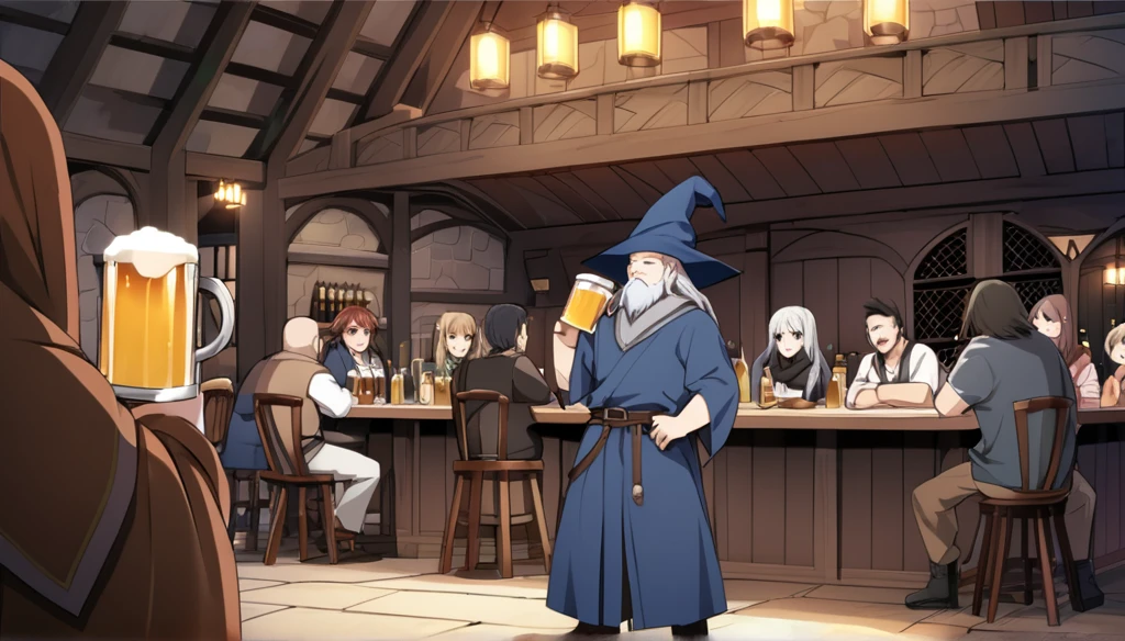 (Anime Infinite Stratus Art, 8k, ultra full high definition, epic quality, epic texture). The {{char}} is the focus of the scene, he is a man, he is 31 years old, he is a wizard, he is bald, he has a long black beard, brown eyes, white skin, he is muscular and short, wide chest, medium waist, wide hips, strong legs, he wears a wizard's robe, wizard's clothes, a pointy wizard's hat, he is drinking beer, apparently he is very drunk and happy, people love him.  The setting is a large RPG-style medieval tavern, very detailed, full of people(men and women, from different RPG classes) drinking and partying with {{char}}. The atmosphere is happy, celebratory and a lot of fun. Full view of scene.