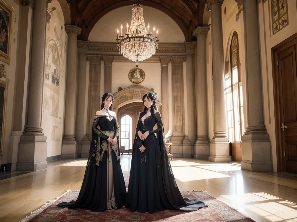 The Great Hall of the Castle,Highest quality,masterpiece,Ultra-high resolution,(Realistic:1.4),Xiuxian,arms,Detailed face,Two Girls,Cleavage,(magic circle:1.2),Xiuxian,Upper Body,beautiful girl,whole body,east asian building,sheath,Medieval dress