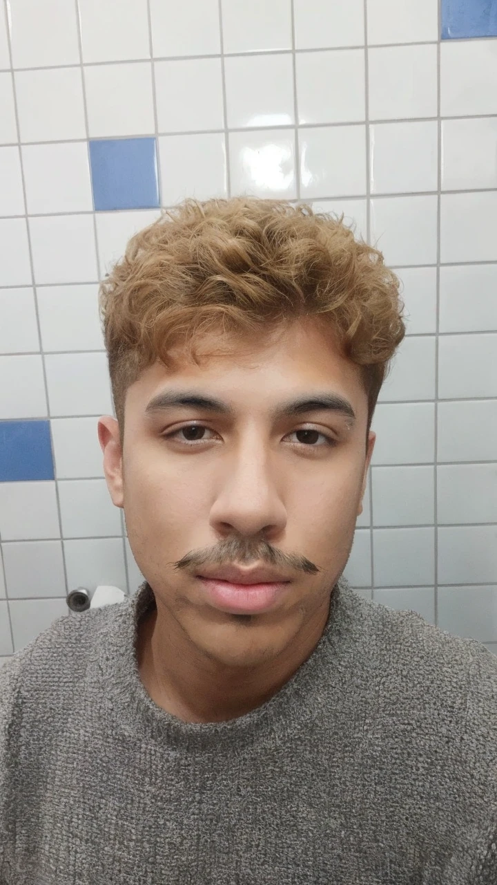 handsome brown man with mustache and short wavy dark blond hair