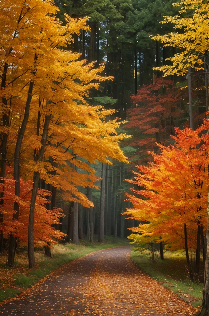 Create an abstract oil painting of a forest in autumn. Use a rich palette of warm autumn colors such as deep reds, vibrant oranges, golden yellows, and hints of earthy browns and greens. Incorporate bold, sweeping brushstrokes and layered textures to evoke the feeling of leaves falling and the crispness of the autumn air. The composition should suggest the forms of trees and foliage without being too literal, allowing the viewer to feel the essence of the forest through color and movement. Aim for a harmonious blend of colors and shapes that captures the beauty and serenity of an autumn forest