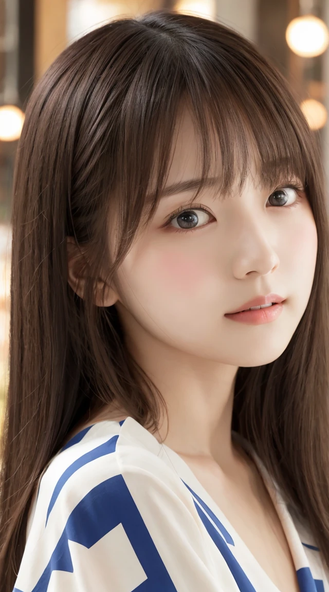 Tabletop、masterpiece、One Girl、Front view from the front、Japanese、Very young and pretty woman、(The cutest girl in the world)、17-year-old student、Makes your face smaller、Attractive person、Super cute face、Glossy Lips、Double eyelids on both eyes、 Natural Makeup、Long eyelashes、Black Hair、Asymmetrical Bangs、Center image、8k resolution、Advanced Details、Detailed hairstyle、Detailed face、Great cinema lighting、Vibrant、Ultra-realistic、Perfect limbs、Perfect Anatomy、Against the background of fireworks、Wearing a yukata with sleeves、View from the waist up、