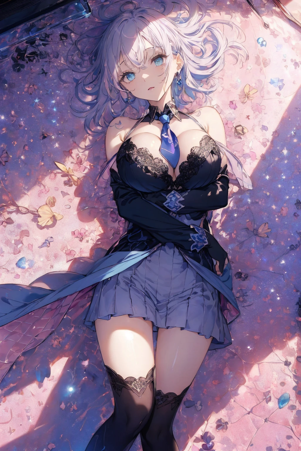 (summer clothing photo:1.1, in blue waterfront:1.5), Masterpiece, best quality, (very detailed CG unity 8k wallpaper), (best quality), High definition RAW color art, Animation,sculptures, (black Marble Skin), (((Ultra detailed elegant))), Magical atmosphere, Detailed skin, Texture,(Intricately detailed, Fine detail, ultra-detail art), depth of fields, bokeh, Silky Touch, Hyper Detail, beautiful eyes, Elegant Face, (lying on pink glass floor), sparkle background, enormous breast:1.3, (silver hair), pastel purple, embarrassing face, short hair, necktie