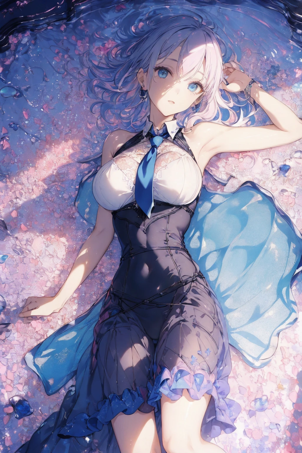 (summer clothing photo:1.1, in blue waterfront:1.5), Masterpiece, best quality, (very detailed CG unity 8k wallpaper), (best quality), High definition RAW color art, Animation,sculptures, (black Marble Skin), (((Ultra detailed elegant))), Magical atmosphere, Detailed skin, Texture,(Intricately detailed, Fine detail, ultra-detail art), depth of fields, bokeh, Silky Touch, Hyper Detail, beautiful eyes, Elegant Face, (lying on pink glass floor), sparkle background, enormous breast:1.3, (silver hair), pastel purple, embarrassing face, short hair, necktie