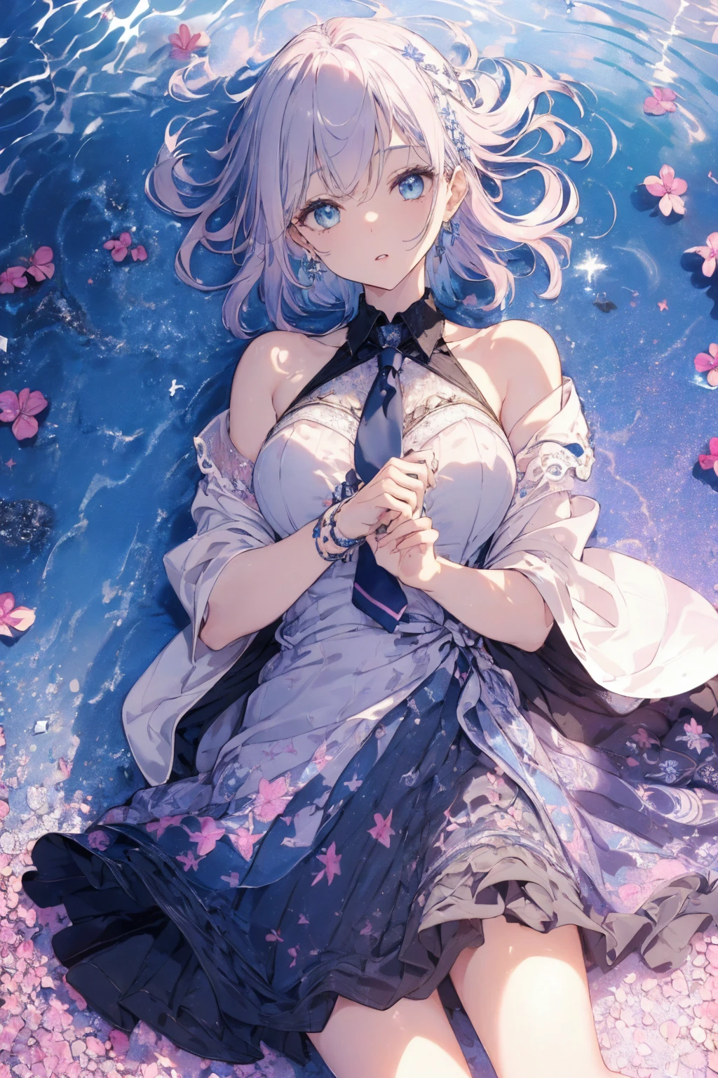 (summer clothing photo:1.1, in blue waterfront:1.5), Masterpiece, best quality, (very detailed CG unity 8k wallpaper), (best quality), High definition RAW color art, Animation,sculptures, (black Marble Skin), (((Ultra detailed elegant))), Magical atmosphere, Detailed skin, Texture,(Intricately detailed, Fine detail, ultra-detail art), depth of fields, bokeh, Silky Touch, Hyper Detail, beautiful eyes, Elegant Face, (lying on pink glass floor), sparkle background, enormous breast:1.3, (silver hair), pastel purple, embarrassing face, short hair, necktie