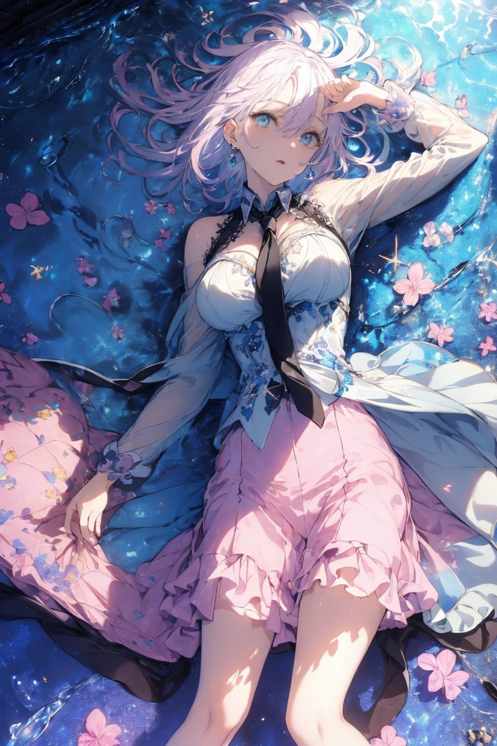 (summer clothing photo:1.1, in blue waterfront:1.5), Masterpiece, best quality, (very detailed CG unity 8k wallpaper), (best quality), High definition RAW color art, Animation,sculptures, (black Marble Skin), (((Ultra detailed elegant))), Magical atmosphere, Detailed skin, Texture,(Intricately detailed, Fine detail, ultra-detail art), depth of fields, bokeh, Silky Touch, Hyper Detail, beautiful eyes, Elegant Face, (lying on pink glass floor), sparkle background, enormous breast:1.3, (silver hair), pastel purple, embarrassing face, short hair, necktie