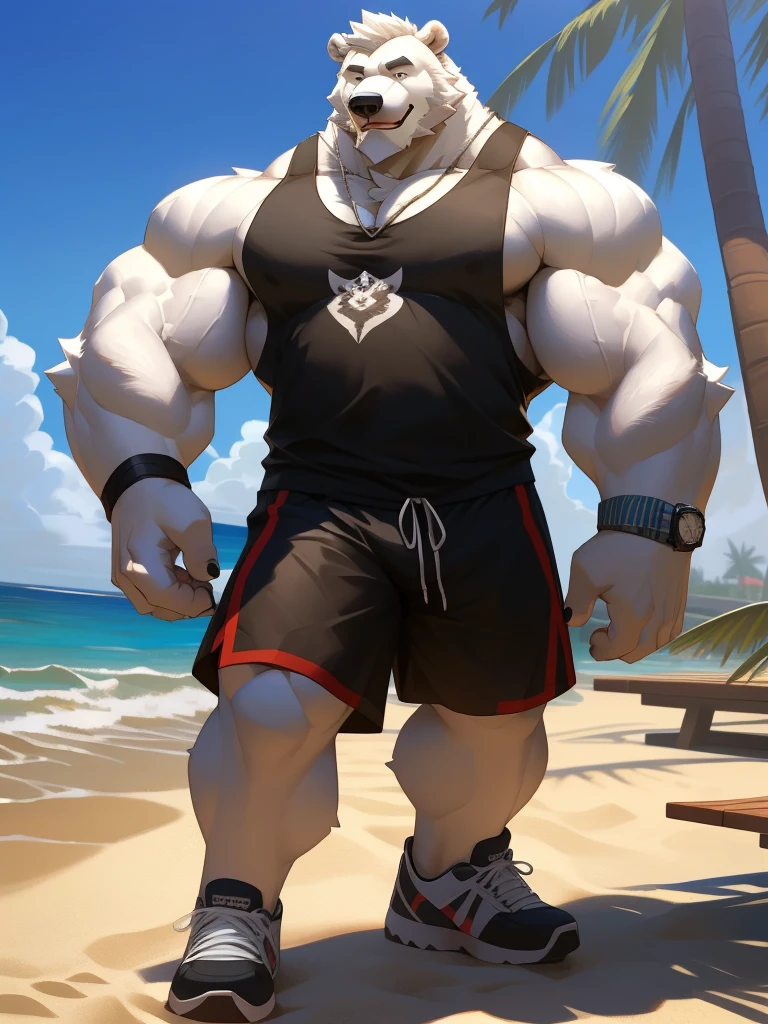 huge muscular polar bear in L.A. beach, big smile, polar bear, huge white fur, thick arm, huge arm, bearded. white hair and beard, bearded, (muscular, pectoral, wide pectoral, thick arms), beach, palm, realistic, 8k, masterpiece, (wearing black shorts, wristband, watch and white tank top, shoes)