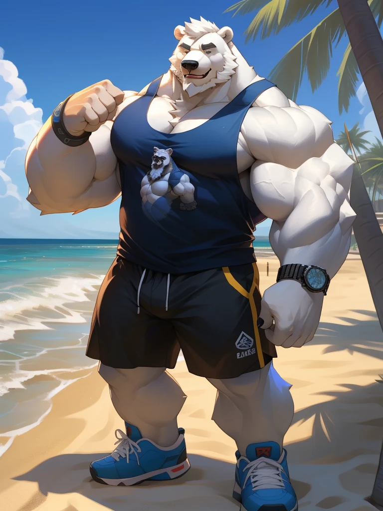 huge muscular polar bear in L.A. beach, big smile, polar bear, huge white fur, thick arm, huge arm, bearded. white hair and beard, bearded, (muscular, pectoral, wide pectoral, thick arms), beach, palm, realistic, 8k, masterpiece, (wearing black shorts, wristband, watch and white tank top, shoes)
