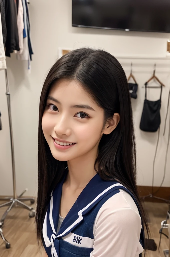 紺と白のセーラー服、Drama club room, high school senior, drama club president, ((full body)), ((photo)), ((best qualtiy, 8K, tmasterpiece:1.3)), Focus:1.2, perfect figure beautiful girl:1.4, 1girl, cowboy shot, look at viewer, eyes facing the camera, incredibly absurd, beautiful and cute girl with a photorealistic face, showcasing top-quality craftsmanship, A Japanese girl preparing for club activities in the drama club room, , long, straight, silky black hair, fair skin, big eyes, thin eyebrows, double eyelids, long eyelashes, pink lips, smile, devilish smile, gorgeous features, well-defined facial features, beautiful face line, mysterious beauty, slender, tall, well-balanced proportions, large E-cup breasts, navy blue sailor uniform, favorite silver accessories, well-groomed nails, pretty girl, beauty, devilish type, pretty older sister, passionate about art, sociable, friendly, positive, has leadership skills, is proactive, is flexible, gets things done efficiently, works hard towards dreams and goals, May