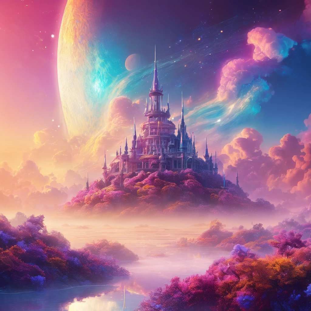 A fantasy landscape, ethereal mirage, eternal search for love, sweet dreams, 4k, high quality, intricate details, glowing lights, vibrant colors, dreamlike atmosphere, shimmering haze, wispy clouds, magical realism, surreal elements, soft focus, romantic mood, delicate textures, mesmerizing visuals, cinematic lighting, impressionistic style, whimsical composition, emotional resonance