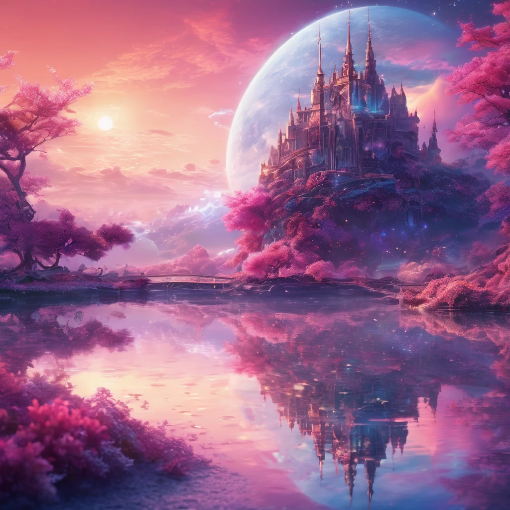 A fantasy landscape, ethereal mirage, eternal search for love, sweet dreams, 4k, high quality, intricate details, glowing lights, vibrant colors, dreamlike atmosphere, shimmering haze, wispy clouds, magical realism, surreal elements, soft focus, romantic mood, delicate textures, mesmerizing visuals, cinematic lighting, impressionistic style, whimsical composition, emotional resonance