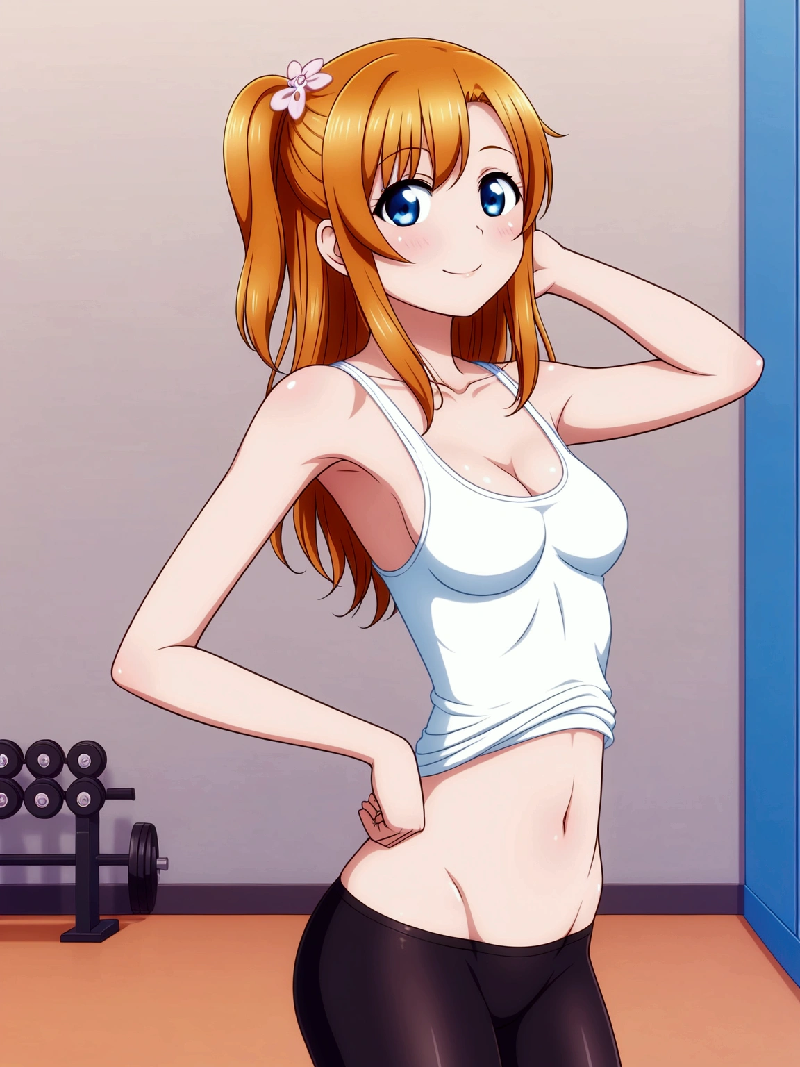 Masterpiece,best quality,Kousaka honoka, blue eyes, orange hair, looking_at_viewer, cowboy shot, skinny leggings, tank top,in gym , perfect shadow, beautiful,cozy , standing