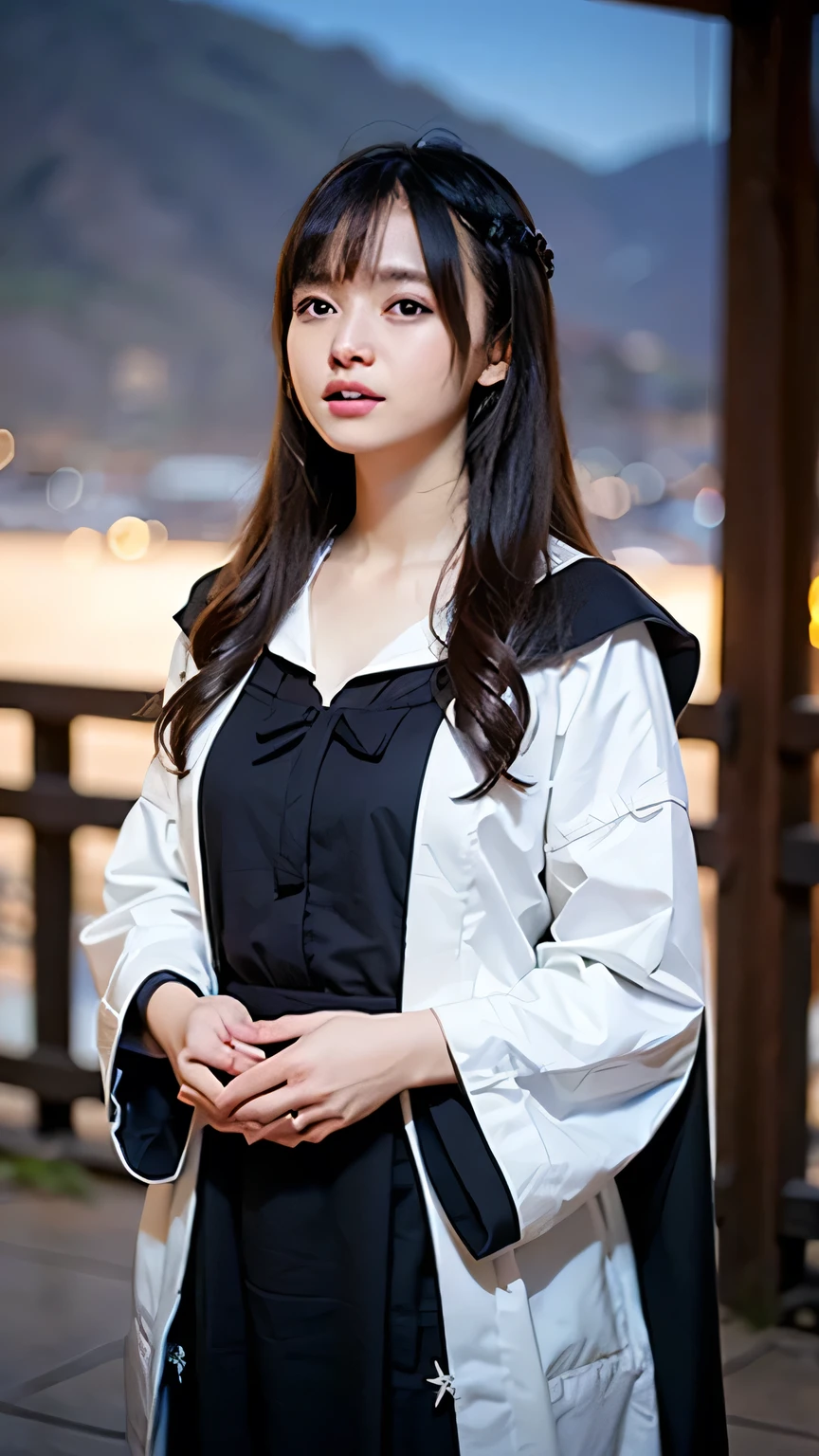 (Skin Dentition:1.5), Realistic, Realistic, (masterpiece:1.5), Concept Art, １girl、((Cowboy Shot:1.4))、((Girl walking in mountainous areas:1.4))、((Magician Costume:1.4))、((Magic User Girl:1.4))、((Mountain range in the background:1.4))、((18-year-old girl:1.4))、((A girl emitting intense light from her hands:1.4))、Intricate details, Very detailed, Realistic, Octane Rendering, 8k, Unreal Engine, Dynamic pose, Highest quality, High resolution, (Realistic Face:1.1), (Super realistic:1.1), Perfect Eyes,(Glowing Skin:1.2), (((Hairstyle))), (((Perfect hands))), (Very detailed background), ((A sad expression:1.4))、((Dynamic Background)), ((1 Girl)), Wearing a cape, (((Flowing Cape))), ((Detailed eyes, High quality eyes, High quality face)), (Very complicated robe, magical robes), Long Hair, casting 煙, magic, ((dramatic)), amazing, battlefield, Depth of written boundary, bokeh, 4K, Gothic, human, particle、((Rowan Stick:1.6))、((A girl wearing a tricorn hat used by magicians:1.4))、