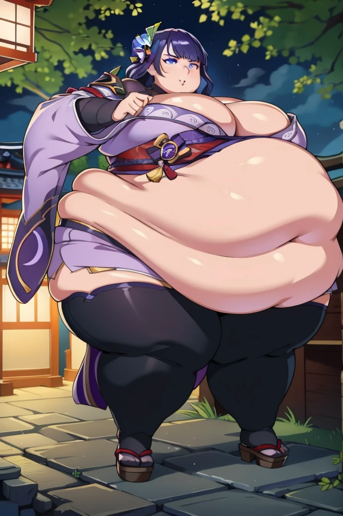 found face, double chin, obese:1.2, flabby , giant , looking at viewer, large belly, obese, belly bursting through clothing, double chin, obesity, flabby breasts, fat arms and legs, fat everything, fat beIly, belly shown, fat, obese, tall, zoomed out:1.1, full body:1.1, entire body:1.1, (full body), detailed hands, straight hands, cold expression, lacking emotion, menacing, dark clouds, night time, looking at viewer, superior, raidenshogunden, raiden shogun, cleavage, Japanese background, dynamic pose, High Quality, Highres
