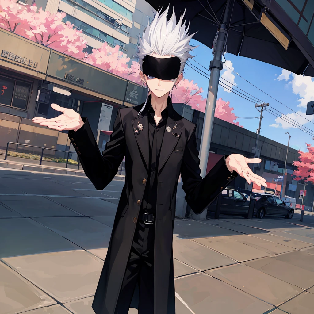 anime character dressed in black standing on a city street,  dapper dream demon, he has whitehairs, fashion gameplay screenshot, he using japan school boy uniform, using blind fold, cloth sim,.Gojou satoru, jujutsu kaisen. Laughing, fake smiling.