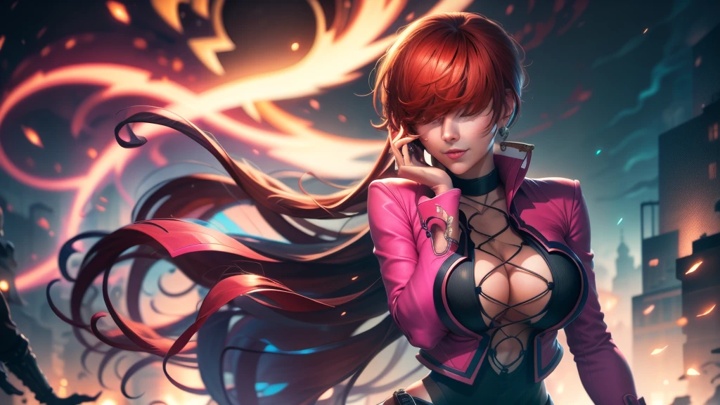(at night), in a video game scene a background a beautiful city at night raining, alone, alone, standing at attention, pink suit, pink jacket, choker, neckline, cut of clothes, earrings, has long bangs on the hair covering the eyes ((hair over the eyes)), 1 girl, 20 years old, young woman, perfect hands, beautiful fingers, beautiful long legs, beautiful body, beautiful nose, beautiful character design, perfect face, looking at the spectator with serious gesture, is on a phone call with his cell phone in hand (focusing on his face), closed mouth, Light_Smile, official art, extremely detailed CG unity 8k wallpaper, perfect lighting, bright and colorful front lighting, skin glossy (masterpiece: 1.0), (best_quality: 1.0), ultra high resolution, 4K, ultra detailed photography, 8K, HDR, high resolution, nonsense:1.2, Kodak portra 400, film grain, blurred background, bokeh:1.2, lens flare, (vibrant_color:1.2), professional photography, (Beautiful, breasts: 1.4), (beautiful_face: 1.5), (narrow waist),