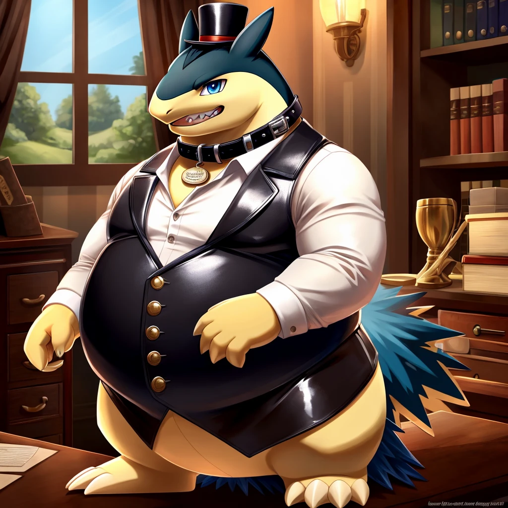 Solo, Male, fat, extremely obese, gentleman, dapper Professor Typhlosion, blue eyes, (posing:1.3), (soft shading), 4k, hi res, ((detailed face, detailed)), looking at viewer, mouth wide open, steampunk, dapper clothing, collared shirt with buttons, top hat, male focus, Explorer Outfit, glasses, monocle, vest with buttons, sleeves rolled up, round eyewear, brown headwear, brown vest, office, Typhlosion is wearing a glossy leather dog collar around the neck, Typhlosion is wearing the leather collar and shirt and vest at the same time, Typhlosion is wearing glossy white rubber gloves on the hands, wearing white rubber gloves on the feet, gloves are rubber in texture, clenching teeth, clenching fists, leather collar is glossy and shiny with a lot of detail, Typhlosion is wearing gloves and leather collar at the same time, leather collar has a round dog-tag, leather collar is thick and detailed, leather collar is glossy and shiny, fancy clothing, dapper vest, dapper shirt, leather collar is thick, glossy leather collar.