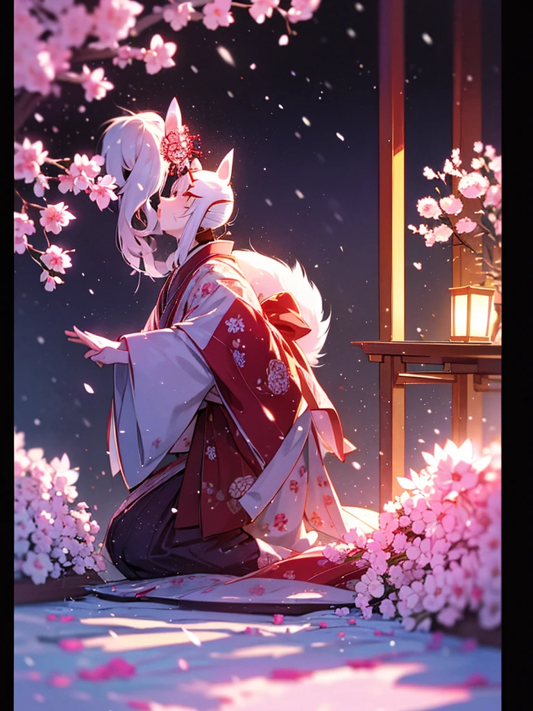(Sumilux f1.4 50mm , low Latitude old color negative film , cross process , bokeh, flare, chromatic aberration , soft focus, (Shallow focus) , soft glow , Maximum aperture, High Key , Transparent depiction) , kawaii hentai anime , Japanese Heian period , Royal girl, kitsune mask , (round Maro eyebrows) , kimono , (Peony flowers blooming:0.8) , Snow is falling , steamy breath , Kagura Dance , passion , Drinking sake , Drunkard