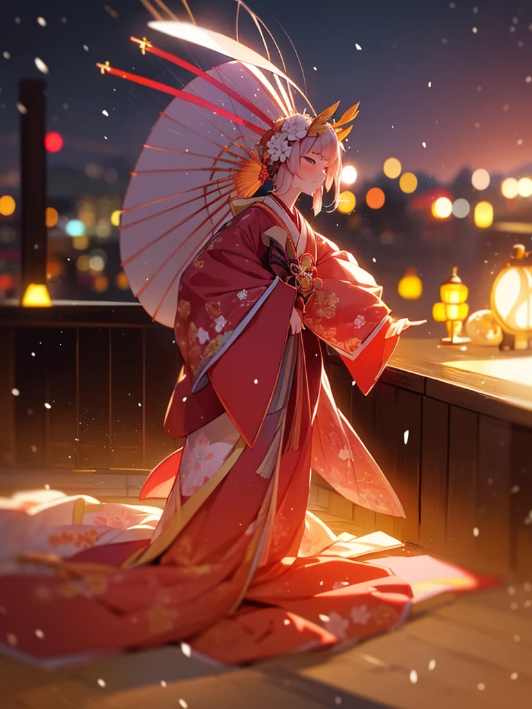 (Sumilux f1.4 50mm , low Latitude old color negative film , cross process , bokeh, flare, chromatic aberration , soft focus, (Shallow focus) , soft glow , Maximum aperture, High Key , Transparent depiction) , kawaii hentai anime , Japanese Heian period , Royal girl, kitsune mask , (round Maro eyebrows) , kimono , (Peony flowers blooming:0.8) , Snow is falling , steamy breath , Kagura Dance , passion , Drinking sake , Drunkard