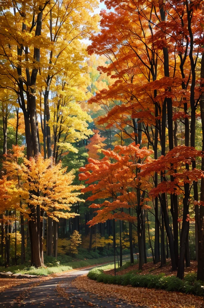 Create an abstract oil painting of a forest in autumn. Use a rich palette of warm autumn colors such as deep reds, vibrant oranges, golden yellows, and hints of earthy browns and greens. Incorporate bold, sweeping brushstrokes and layered textures to evoke the feeling of leaves falling and the crispness of the autumn air. The composition should suggest the forms of trees and foliage without being too literal, allowing the viewer to feel the essence of the forest through color and movement. Aim for a harmonious blend of colors and shapes that captures the beauty and serenity of an autumn forest