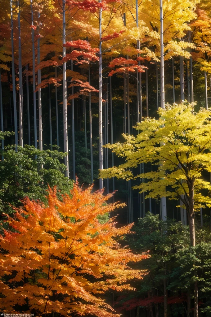 Create an abstract oil painting of a forest in autumn. Use a rich palette of warm autumn colors such as deep reds, vibrant oranges, golden yellows, and hints of earthy browns and greens. Incorporate bold, sweeping brushstrokes and layered textures to evoke the feeling of leaves falling and the crispness of the autumn air. The composition should suggest the forms of trees and foliage without being too literal, allowing the viewer to feel the essence of the forest through color and movement. Aim for a harmonious blend of colors and shapes that captures the beauty and serenity of an autumn forest