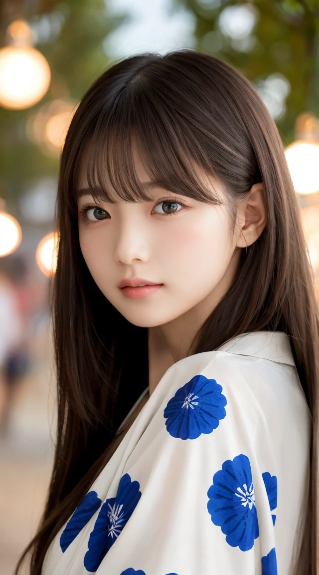 Tabletop、masterpiece、One Girl、Front view from the front、Japanese、Very young and pretty woman、(The cutest girl in the world)、-yeld st your face smaller、Attractive person、Super cute face、Glossy Lips、Double eyelids on both eyes、 Natural Makeup、Long eyelashes、Black Hair、Asymmetrical Bangs、Center image、8k resolution、Advanced Details、Detailed hairstyle、Detailed face、Great cinema lighting、Vibrant、Ultra-realistic、Perfect limbs、Perfect Anatomy、Against the background of fireworks、Wearing a yukata with sleeves、View from the waist up、