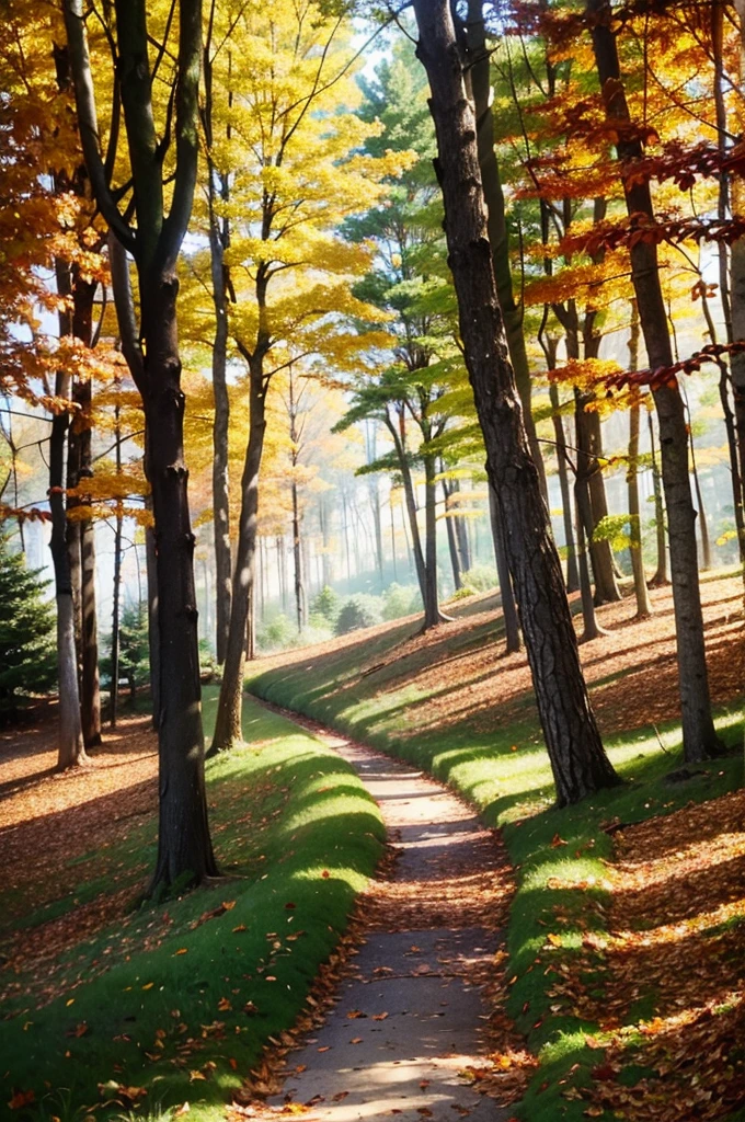 Create an abstract oil painting of a forest in autumn. Use a rich palette of warm autumn colors such as deep reds, vibrant oranges, golden yellows, and hints of earthy browns and greens. Incorporate bold, sweeping brushstrokes and layered textures to evoke the feeling of leaves falling and the crispness of the autumn air. The composition should suggest the forms of trees and foliage without being too literal, allowing the viewer to feel the essence of the forest through color and movement. Aim for a harmonious blend of colors and shapes that captures the beauty and serenity of an autumn forest