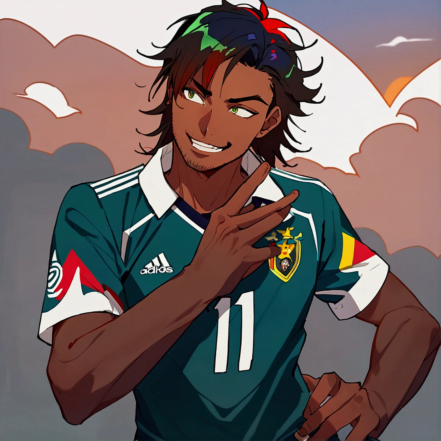 1boy, lion eyes, Vestindo a camisa da seleção da Espanha da Adidas, Sentado no centro do campo, brown eyes, fashionable hair, brown hair, red shirt, number 11, looking at the side, upperbody, messy hair, detailed eyes, {brown skin}, {smirk}, masterpiece, best quality, green soccer uniform,
