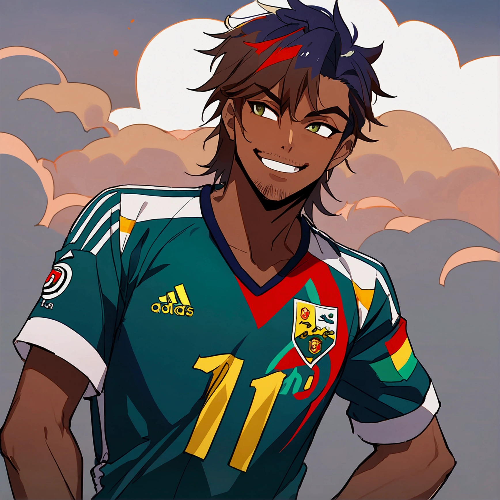 1boy, lion eyes, Vestindo a camisa da seleção da Espanha da Adidas, Sentado no centro do campo, brown eyes, fashionable hair, brown hair, red shirt, number 11, looking at the side, upperbody, messy hair, detailed eyes, {brown skin}, {smirk}, masterpiece, best quality, green soccer uniform,