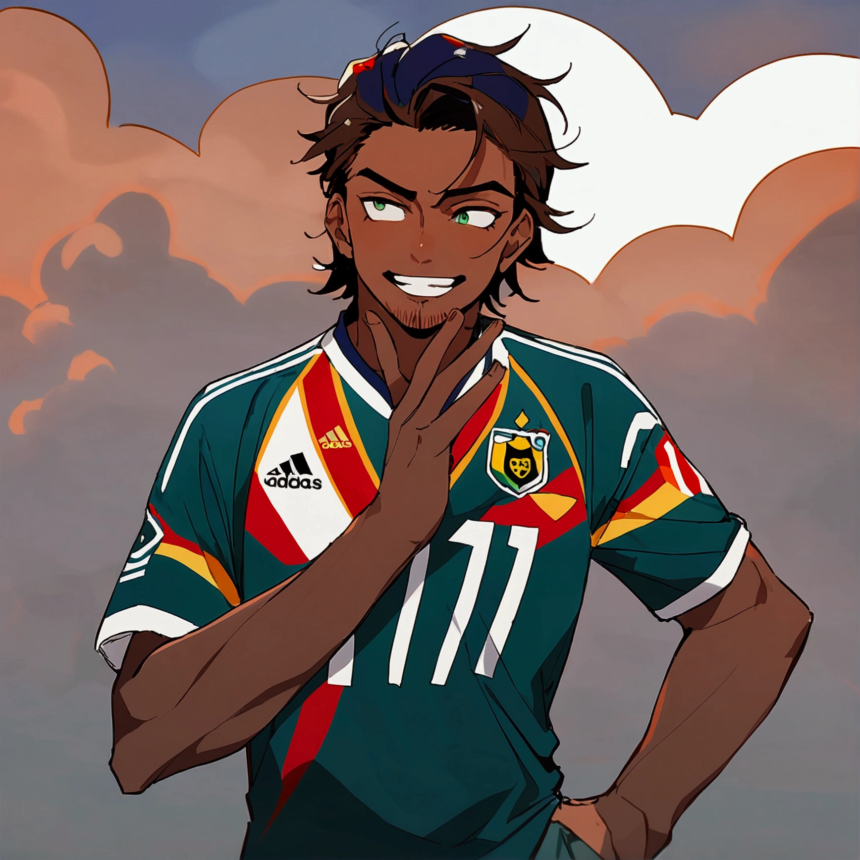1boy, lion eyes, Vestindo a camisa da seleção da Espanha da Adidas, Sentado no centro do campo, brown eyes, fashionable hair, brown hair, red shirt, number 11, looking at the side, upperbody, messy hair, detailed eyes, {brown skin}, {smirk}, masterpiece, best quality, green soccer uniform,