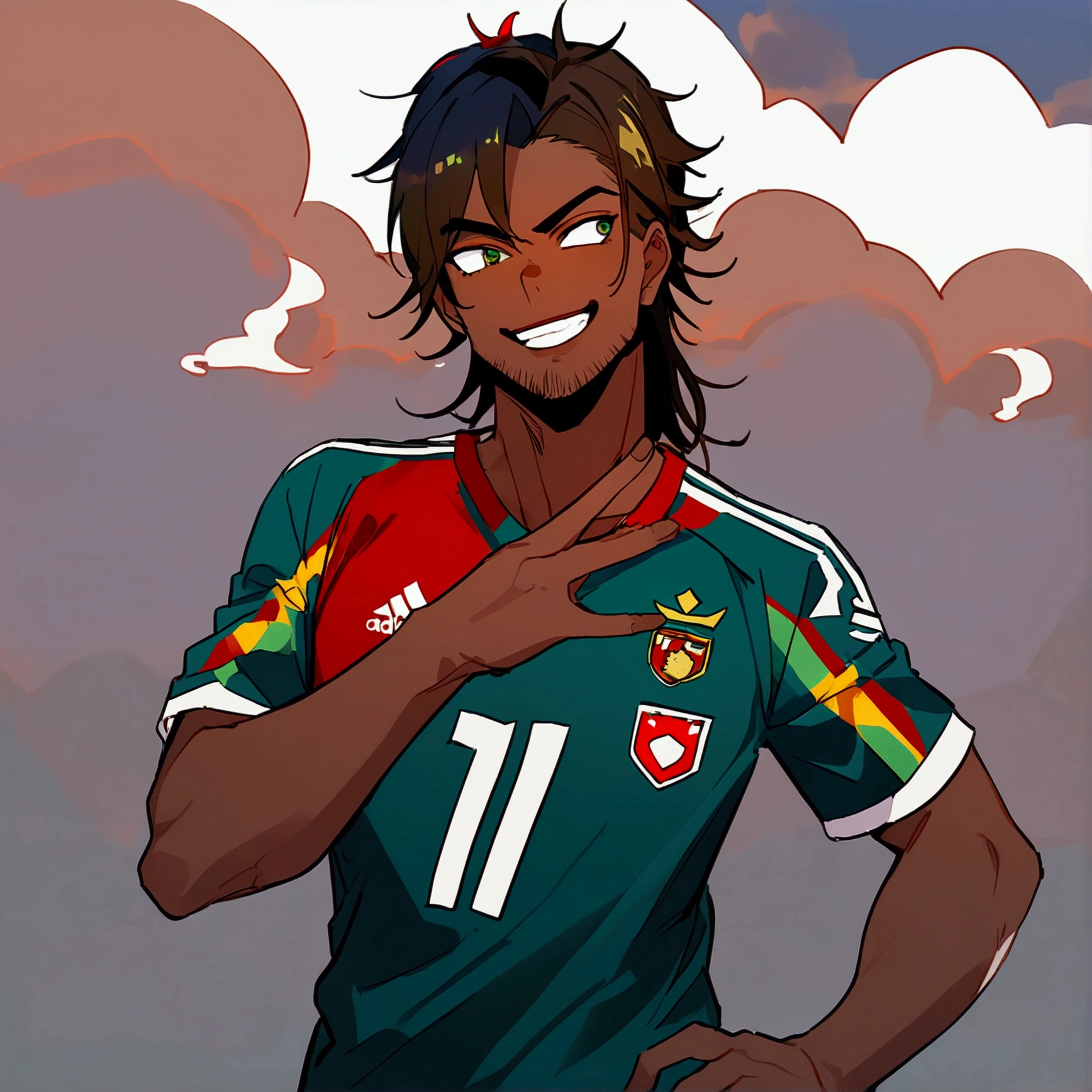1boy, lion eyes, Vestindo a camisa da seleção da Espanha da Adidas, Sentado no centro do campo, brown eyes, fashionable hair, brown hair, red shirt, number 11, looking at the side, upperbody, messy hair, detailed eyes, {brown skin}, {smirk}, masterpiece, best quality, green soccer uniform,