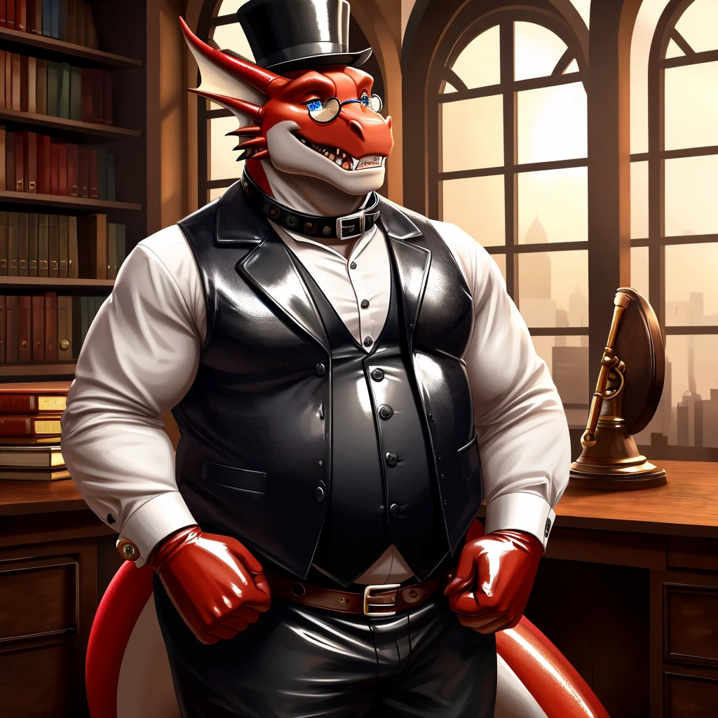 Solo, Male, fat, extremely obese, gentleman, dapper Professor Dragon, blue eyes, (posing:1.3), (soft shading), 4k, hi res, ((detailed face, detailed)), looking at viewer, mouth wide open, steampunk, dapper clothing, collared shirt with buttons, top hat, male focus, Explorer Outfit, glasses, monocle, vest with buttons, sleeves rolled up, round eyewear, brown headwear, brown vest, office, Dragon is wearing a glossy leather dog collar around the neck, Dragon is wearing the leather collar and shirt and vest at the same time, Dragon is wearing glossy white rubber gloves on the hands, wearing white rubber gloves on the feet, gloves are rubber in texture, clenching teeth, clenching fists, leather collar is glossy and shiny with a lot of detail, Dragon is wearing gloves and leather collar at the same time, leather collar has a round dog-tag, leather collar is thick and detailed, leather collar is glossy and shiny, fancy clothing, dapper vest, dapper shirt, leather collar is thick, glossy leather collar.